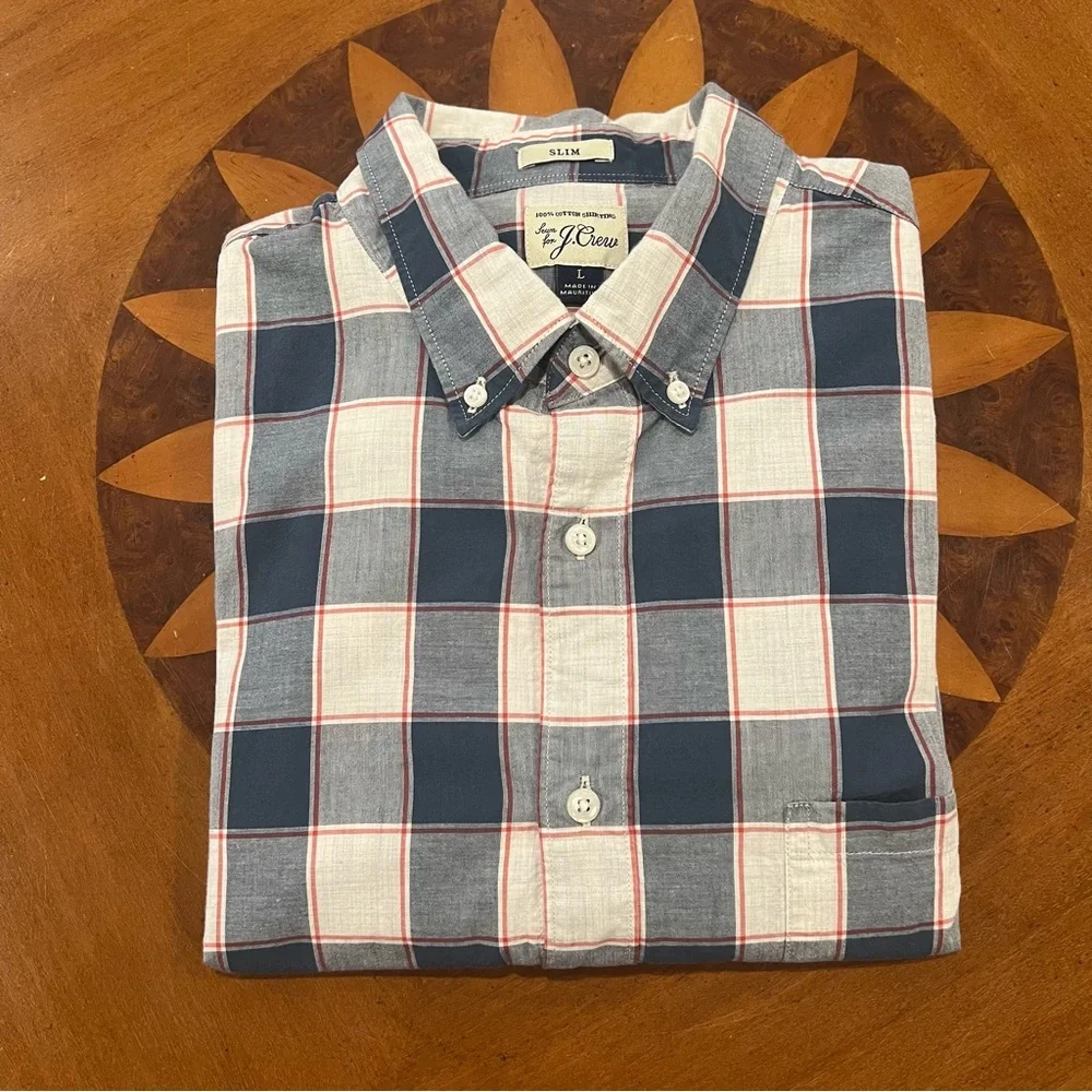 J. Crew Men’s Cotton Plaid Long-Sleeve Slim‎ Fit Button Down Shirt Large Preppy
